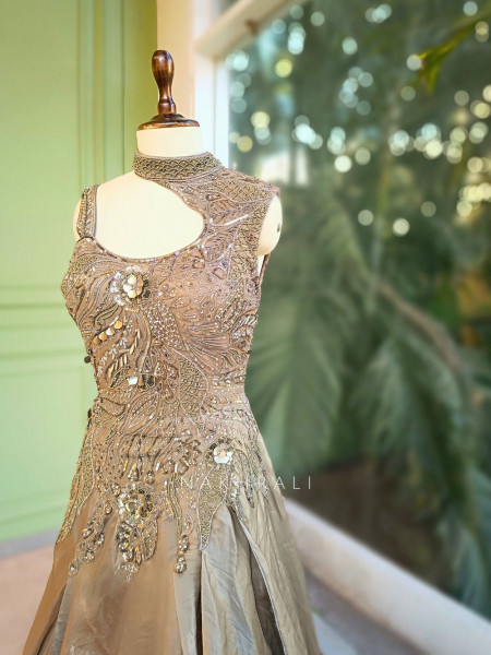 Velisse Olive Green Indowestern Gown with Sequin Bead and Cut Dana Work