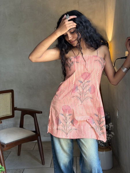 Mira Peach Printed Spaghetti Strap A-Line Top