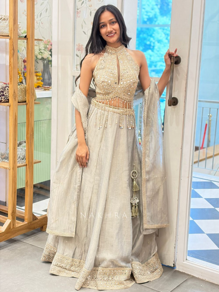 Image of Virahi Grey Indo Western Lehenga Set with Mirror Work &amp; Beaded Embroidery