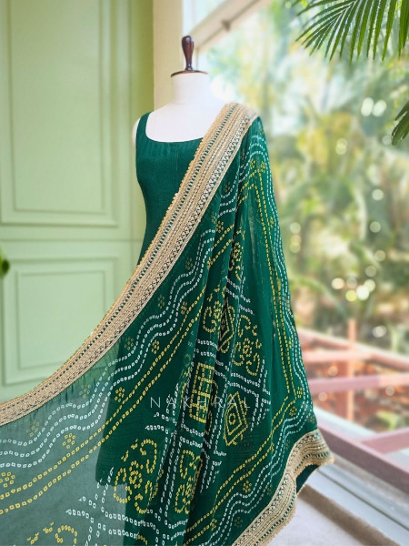 Emerald Green Anarkali Palazzo Set with Bandhej Dupatta and Border Work