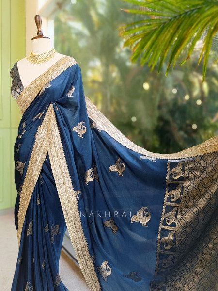 Tavira Teal Blue Saree with Broad Border and Unstitched Blouse Piece