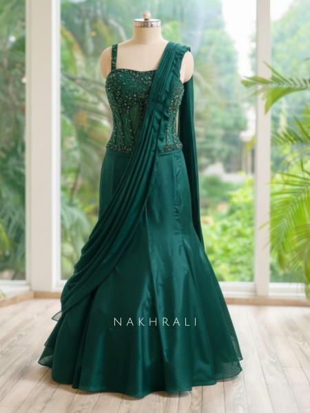 Green Emerald Cascade Embellished Drape Gown
