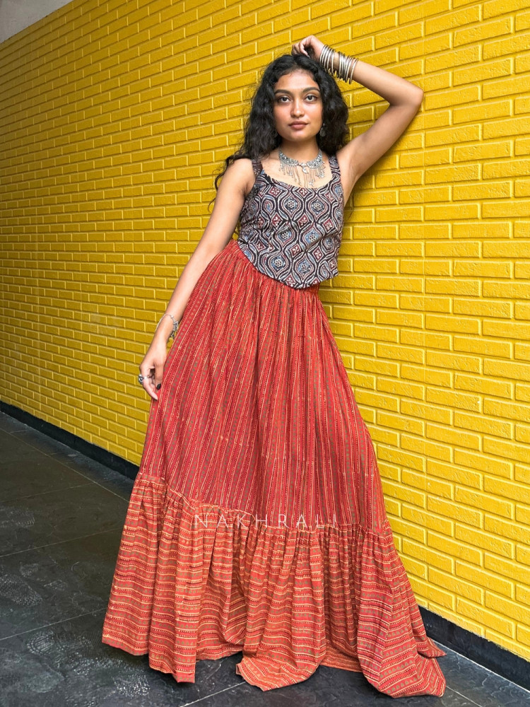 Image of Tara Madder-Clay Hand-Block Printed Tiered Skirt with Ochre Accents