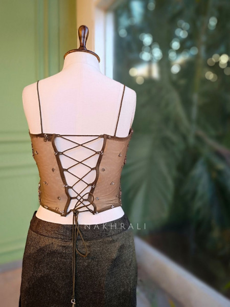 Aveline Olive Corset Saree with Sequin Work