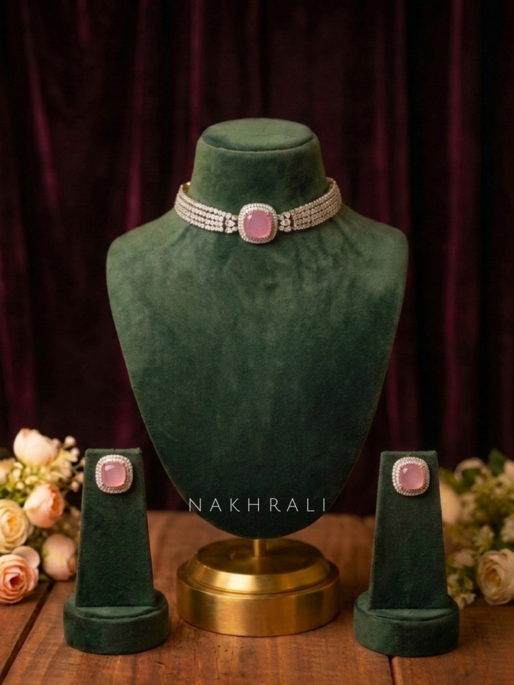 Image of Lumielle Pink Necklace Set With Cushion Stone Choker Detailing