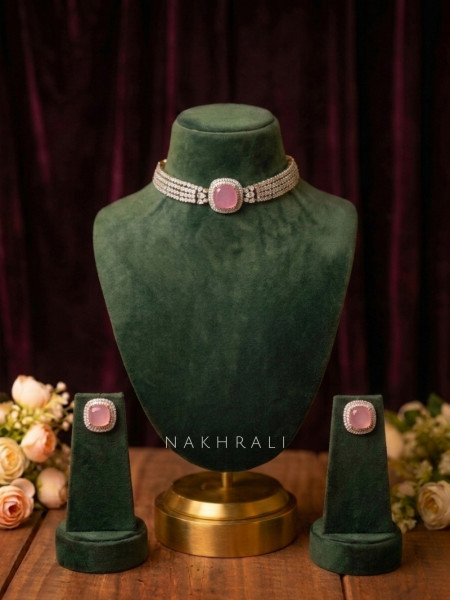Lumielle Pink Necklace Set With Cushion Stone Choker Detailing
