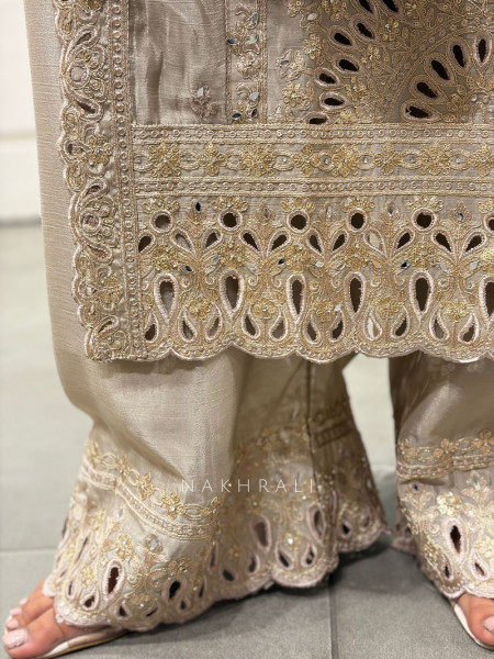 Zymera Brown Three Piece Suit Set with Cutwork and Mirror Embroidery