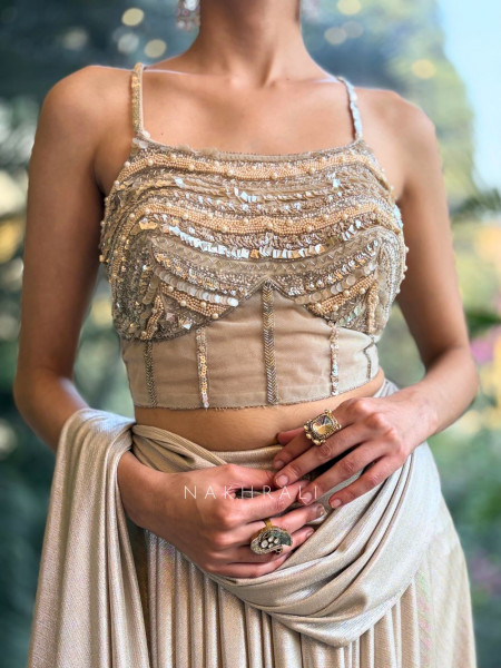 Solyn Beige Embellished Pre-Draped Saree Set