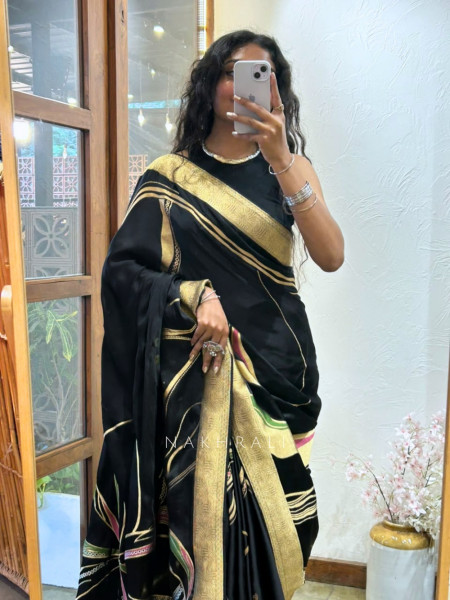 Noir Botanica Black Silk Saree With Abstract Floral Print & Antique Gold Zari Border