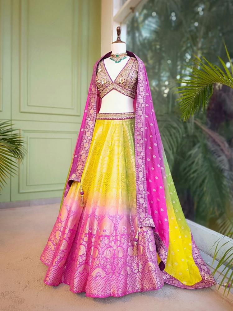 Image of Ravira Multicolor Brocade Lehenga with Zari Sequin Work
