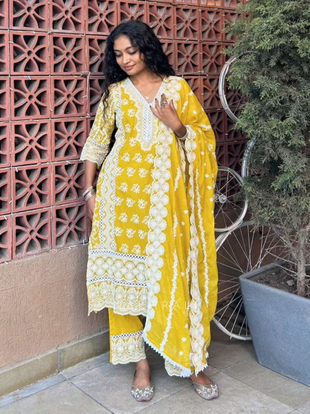 Mireya Mustard Cotton Suit Set with Lucknowi Embroidery