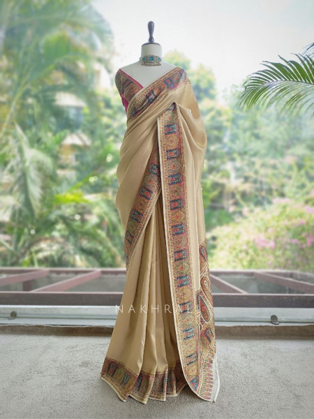 Kalptaru Cream Munga Tussar Georgette Silk Blend Saree with Kashmiri Jamawar Border