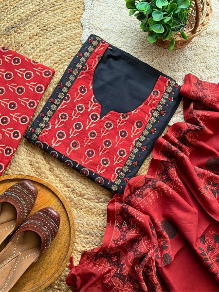 Elegant Printed Red Cotton Dress Material with Sequin Embellished Neckline