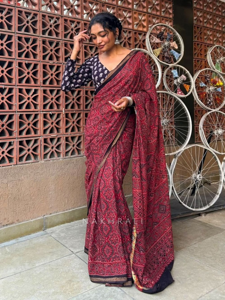 Image of Rubaab Red Kota Doriya Saree with Ajrakh-Inspired Floral Print