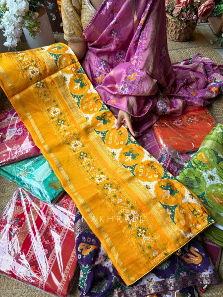 Kalyani Plum Yellow Patola Saree With With Running Blouse Piece