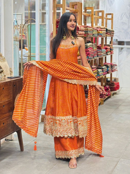 Amber Gleam Orange Anarkali Palazzo Set with Zari and Sequin Work