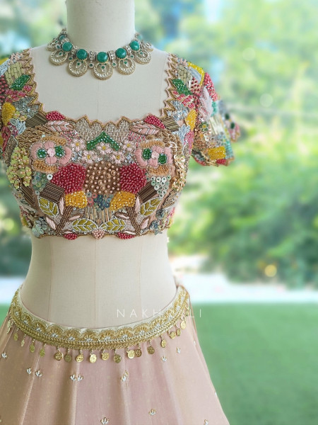 Pushpaveda Blush Pink Shimmer Lehenga With 3D Beadwork, Floral Print & Sequin Detail
