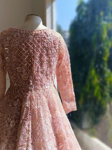 Aurelia Pink Net Silk Achkan Lehenga with Sequin Cut Dana Work