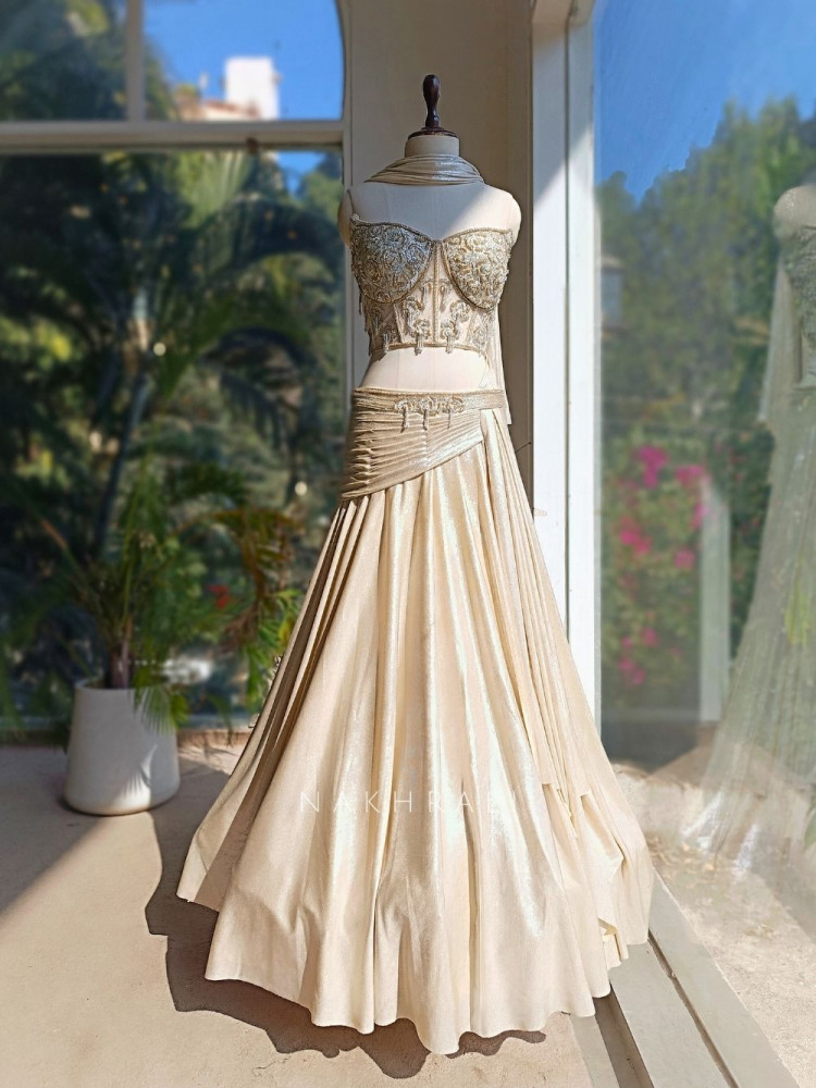 Image of Lunara Cream Indo-Western Lehenga Set