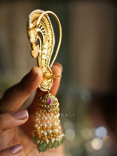 Karnphool Green Stone Golden Ear-Cuff Jhumkas