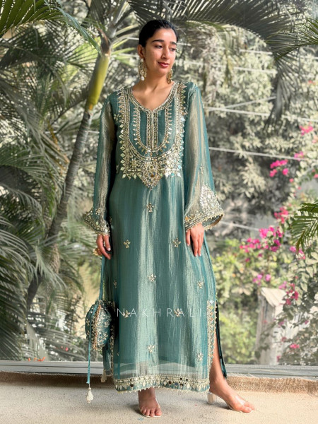 Poise Teal Blue Tissue Long Dress with Mirror and Zari Work