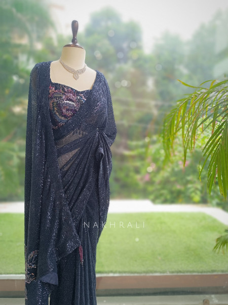 Samyra Blue Micro-Sequined Georgette Draped Saree with Readymade Blouse