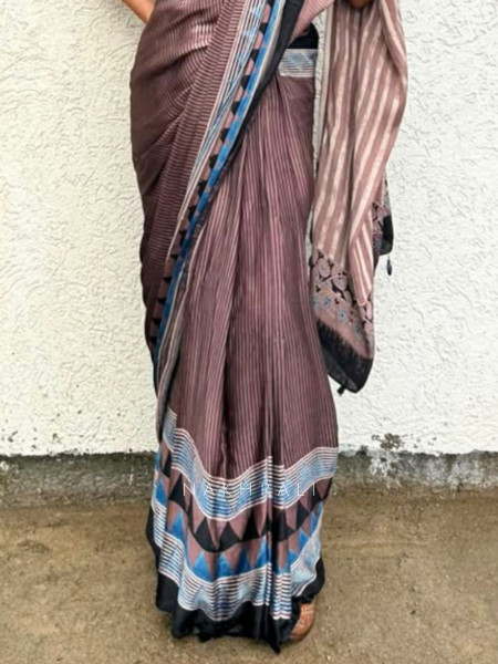 Dhani Brown Modal Silk Saree With Ajrakh Print