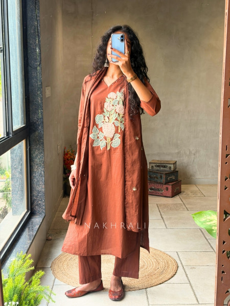 Tavira Brown Embroidered Floral Kurta Pant Set with Dupatta