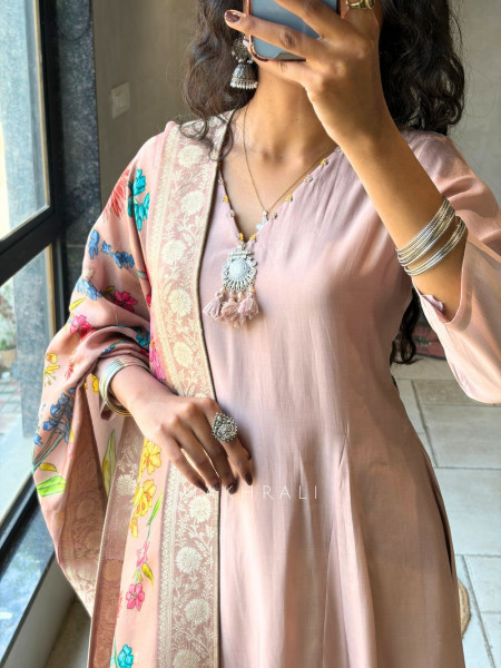 Zyrika Peach Anarkali Suit Set with Floral Dupatta