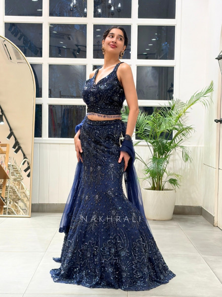 Fishtail Blue Indo-Western Lehenga Set