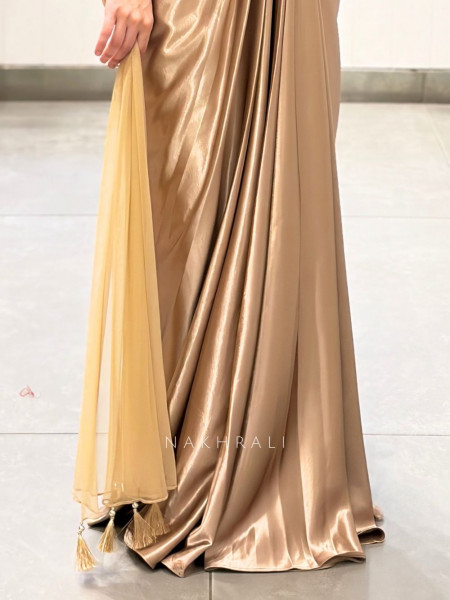 Obelisk Beige Satin Crepe Indo-Western Drape Skirt Set