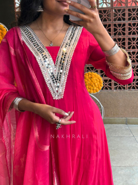 GlitzGalore Magenta Silk Anarkali Suit Set