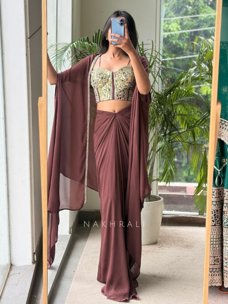 Glimmering  Brown Georgette Crop Top Dhoti Skirt Set with Cape