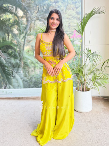 Merisa Yellow Embroidered Kurta Palazzo Set