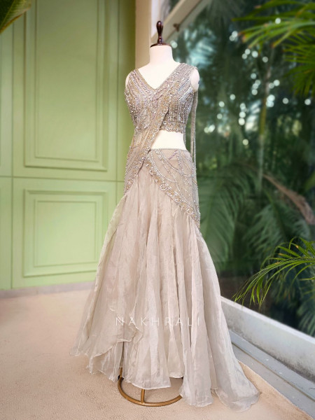 Alyra Grey Indo-Western Crop Top Skirt Set with Sequin Cut Dana Work