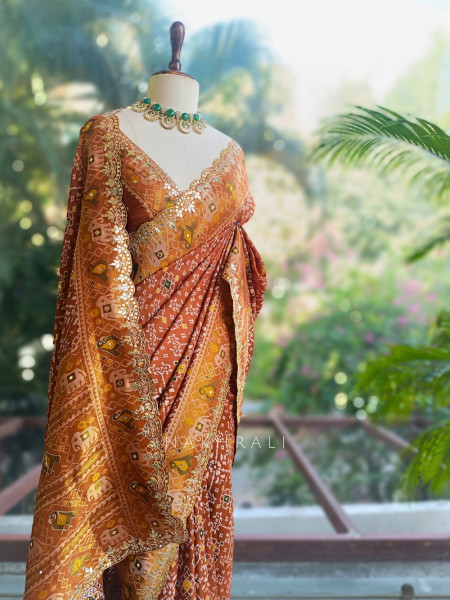 Zoraya Brown Ghatchola Saree with Elephant Motif Border