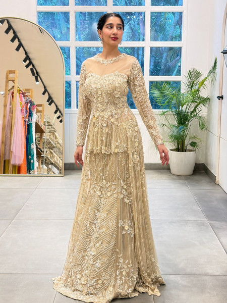 Solenne Beige Soft Net Indo-Western Skirt Set