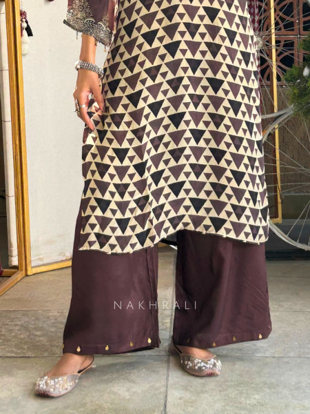 Triya Brown Printed Pant Kurta Set with Tassel Detail