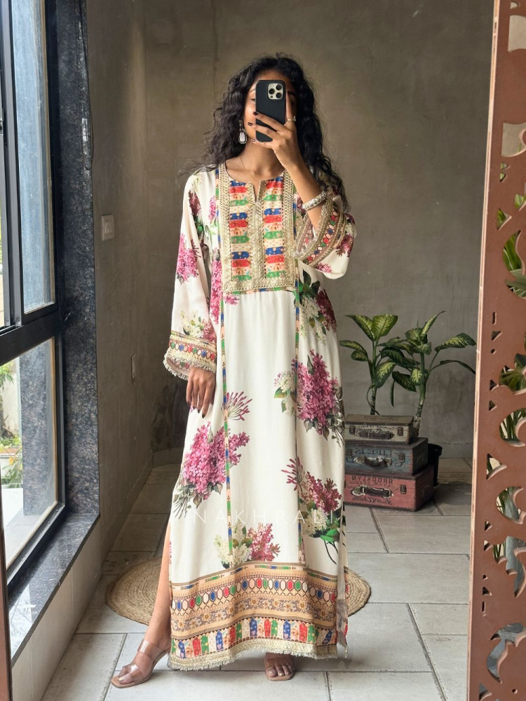 Image of Kairaa Cream Straight Dress with Mirror and Embroidery Work