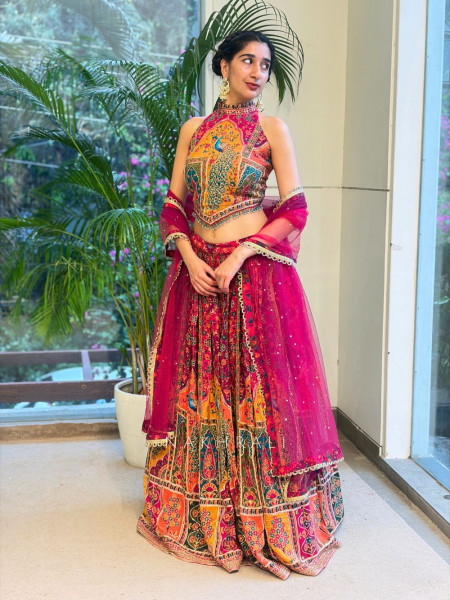Gulnaar-e-Ishq Peacock Print Halter Neck Lehenga Set