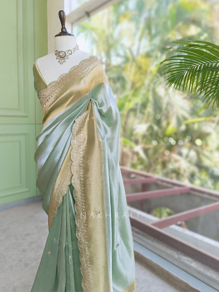 Skylight Pista Green Zari Weaved Saree with Embroidered Border