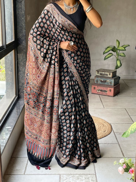 Chaaya Black Modal Saree with Ajrakh Print