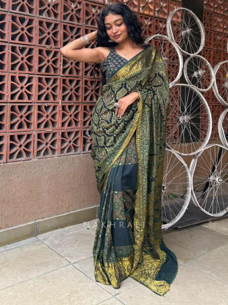 Earthbound Green Dola Silk Ajrakh Printed Saree