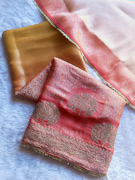 Prisha Peach Dual-Tone Zari Suit Fabric