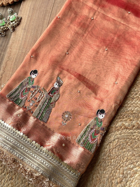 Kalpika  Peach  Organza Silk Saree With Jaimala Zardosi Motif Work