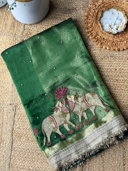 Vraj Ras Green Banarasi Tissue Silk Saree – Hand Embroidery & Zari Border