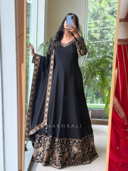 Dastaan Black Chinon Kalidar Anarkali Set