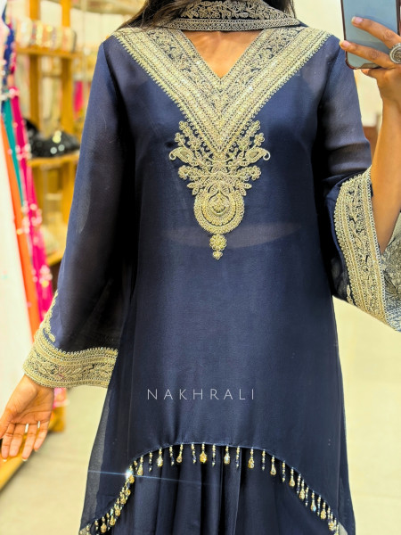 Mehtab Blue Silver-Yoke Kurta Skirt Set