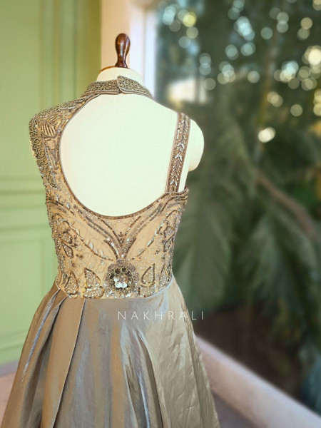 Velisse Olive Green Indowestern Gown with Sequin Bead and Cut Dana Work