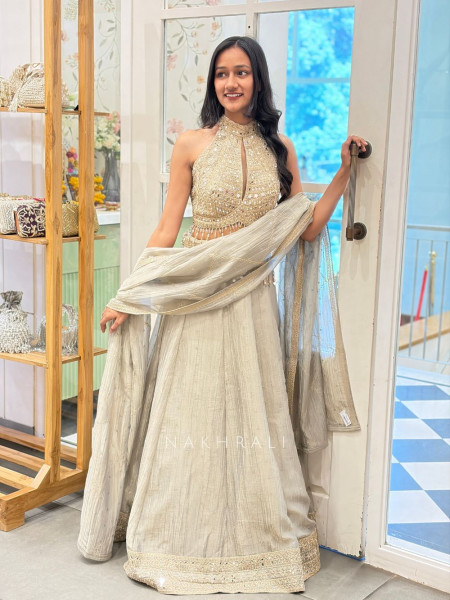 Virahi Grey Indo Western Lehenga Set with Mirror Work & Beaded Embroidery
